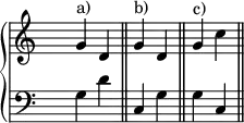 \new PianoStaff <<
<<
\new Staff <<
\set Score.tempoHideNote = ##t
\tempo 4 = 45
\override Staff.TimeSignature.transparent = ##t
<<
\new Voice = "first"
\relative c''
{ g^"a)" d \bar "||" g^"b)" d \bar "||" g^"c)" c \bar "||" }
>>
>>
\new Staff <<
\override Staff.TimeSignature.transparent = ##t
\clef "bass"
\relative c { g' d' \bar "||" c, g' \bar "||" g c, \bar "||"}
>>
>>
>>