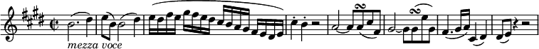  { \relative b' { \key e \major \time 2/2
b2.( _\markup { \italic "mezza voce" } dis4) | e8( b) b2( dis4) | e16([ dis fis e] gis[ fis e dis] cis[ b a gis] fis[ e dis e]) |
cis'4-. b-. r2 | a2~ a8 a( \turn cis fis,) |
gis2~ gis8  gis( \turn e' gis,) | fis4.( gis16 a) cis,4( dis) | dis8( e) r4 r2 }}
\layout { \context { \Score \override SpacingSpanner.common-shortest-duration = #(ly:make-moment 1/4) }} 