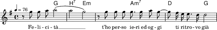 {
<< \new ChordNames { \chordmode { s2 g2 h:7 e1:m a2:m7 d g} }
\new Staff \relative g'' { \tempo 4 = 76 \key g \major \time 4/4 \autoBeamOff r8 g g a h2( a g) r8 g g g g8. g16 a8 g ~ g fis16 e e8. d16 d2 }
\addlyrics { Fe -- li -- ci -- tà __ t’ho per -- so ie -- "ri ed" og -- gi ti ri -- tro -- vo già }
>>}