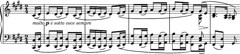 { \new PianoStaff <<
\new Staff = "right" {
<<
\relative cis' {
\key cis \minor \time 2/4 \partial 8 \set Score.tempoHideNote = ##t \tempo 4=64
cis16(\( _\markup { \whiteout { \italic "molto" \dynamic "p" \italic "e sotto voce sempre" } } dis)
e8 dis16( e) dis8\) cis16(\( dis)
fis16( e) dis( e) dis8\) e16(\( fis)
gis8 fis16( gis) a8 gis16( a)
b8 gis16( a) fis8\) \slurUp \phrasingSlurUp gis16(\( \> e)
<b dis>8. \! <a cis>16 <gis bis>8\)
}
\relative gis {
\key cis \minor \time 2/4 \partial 8
\stemDown s8 s2 * 3 s4. <gis cis>8
}
>>
}
\new Staff = "left" {
<<
\clef bass \relative cis {
\key cis \minor \time 2/4 \partial 8
\stemUp s8 s2 * 3 s4. <cis e>8
}
\relative cis, {
\key cis \minor \time 2/4 \partial 8
\phrasingSlurDown <cis cis'>16(\( <dis dis'>)
<e e'>8 <dis dis'>16( <e e'>) <dis dis'>8\) <cis cis'>16(\( <dis dis'>)
<fis fis'>16( <e e'>) <dis dis'>( <e e'>) <dis dis'>8\) <e e'>16(\( <fis fis'>)
<gis gis'>8 <fis fis'>16( <gis gis'>) <a a'>8 <gis gis'>16( <a a'>)
<b b'>8 <gis gis'>16( <a a'>) \stemDown \slurDown <fis fis'>8\) e16( gis)
\stemUp <fis fis'>8( <dis dis'>) gis
}
>>
}
>>
}