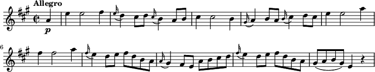 
\relative c'' {
    \version "2.18.2"
    \key a \major 
    \tempo "Allegro"
    \time 2/2
   \tempo 4 = 130	
    \partial2  \partial4  a4\p e'4 e2 fis4
    \grace e16 (d4) cis8 d \grace cis16 (b4) a8 b
    cis4 cis2 b4
     \grace gis16 (a4) b8 a  \grace b16 (cis4) d8 cis
     e4 e2 a4 fis4 fis2 a4
     \grace fis16 (e4) d8 e fis d b a
     \grace a16 (gis4) fis8 e a b cis d
     \grace fis16 (e4) d8 e fis d b a
     gis (a b gis) e4 r4 
}
