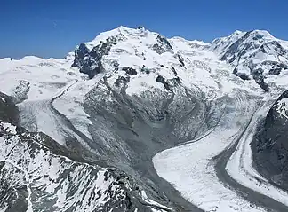 Monte-Rosa-Westseite mit Gornergletscher und Grenzgletscher, Nordend und Dufourspitze
