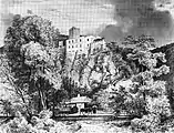 Pferdestraßenbahn Linie Rauhenstein, zeitgenössischer Stich (um 1880).