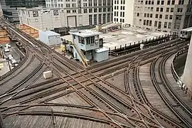 Einmündung der „Braunen Linie“ (von rechts) und der grünen und rosafarbenen Linie (von oben) in den Loop (nach links und unten)