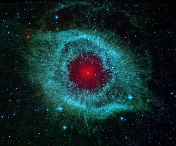 IR-Aufnahme: blau 3,6...4,5 µm, grün 5,8...8 µm, rot 24 µm (Spitzer Space Telescope)