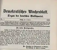 Demokratisches Wochenblatt. Nr. 1 vom 4. Januar 1868. (Kopfleiste der Zeitung)