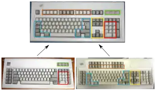 Ursprung des „Enhanced“-101-Tastaturlayouts auf dem Model M (oben): die 84-Tasten IBM AT-Tastatur (links unten) und die IBM 122-Tasten-Terminal-Tastatur (rechts unten).