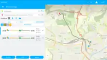 Rechts eine Karte mit einem Streckenverlauf von Start- zu Zielort, links die Auswahl von Fahrtkombinationen mit Sharing-Fahrrädern und Straßenbahnfahrten