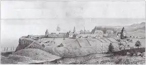 Fort Ross 1828, Auguste Bernard Duhaut-Cilly (1790–1849), veröffentlicht in seinem Voyage autour du monde, principalement a la Californie et aux Iles Sandwich, pendant les années 1826, 1827, 1828, et 1829, Paris: Arthus-Bertrand and Saint-Servan: D. Lemarchand, 1834