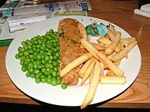 Fish ’n’ Chips in einem Londoner Pub, Variante mit Erbsen