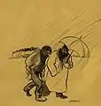Zwei Männer im Regen, Tuschpinselzeichnung, 1900