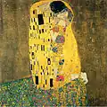Quadrat: Gustav Klimt (1862–1918): Der Kuss, 180×180 cm.