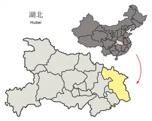 Lage von Huanggang (gelb) in Hubei
