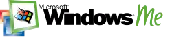 Schriftzug "Windows (R)", über dem "W" klein geschriebener Schriftzug "Microsoft (R)", rechts davon ein handschriftliches "Me", im linken Bildteil stilisierte übereinander liegende dreidimensionale Fenster, das Fenster im Vordergrund mit einem wehenden bunten Windowslogo darin