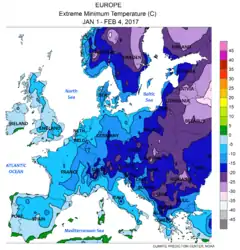 Tiefsttemperatur Europa, 1. Januar – 4. Februar (hellblau < 0 °C, lila < –20 °C)