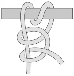 Rundtörn mit zwei halben Schlägen. Kein Klemm- oder Seilspannerknoten, aber ein Knoten zur sicheren Befestigung einer Leine an einem Gegenstand oder zur Sicherung von großen Lasten.