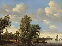 Salomon van Ruysdael: Flusslandschaft mit Fähre (1649). 1930 von Goudstikker bei Christie’s erworben (rechts: Registerblatt Goudstikkers, 1936), 2007 von den Erben der National Gallery of Art, Washington, geschenkt.
