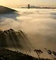 Dämmerungsstrahlen am Rand eines Nebelmeeres vor San Francisco