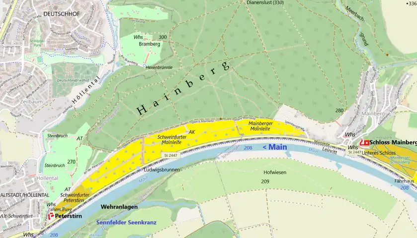 Schweinfurter Mainbogen mit dem südlichen Bereich des Hainbergs. Im Südwesten die Peterstirn mit Weinbergen