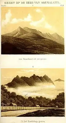 Zwei Ansichten des Berges Soemalatta (Celebes).