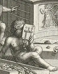 Ausschnitt aus der Katalogtitelseite der Versteigerung von 1747 mit einem dreilinsigen Mikroskop, das sich eine Putte vor das Auge hält, jedoch ohne erkennbares Präparat.