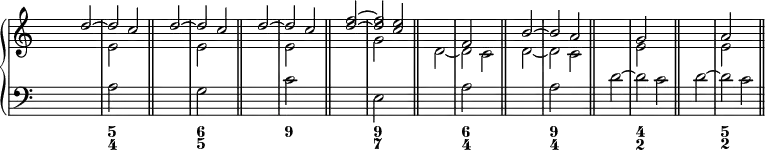 \new PianoStaff <<
<< % wegen Generalbass
\new Staff <<
\set Score.tempoHideNote = ##t
\tempo 4 = 160
\override Staff.TimeSignature.transparent = ##t
<<
\new Voice = "first"
\relative c''
{ \voiceOne s2 d ~ d c \bar "||" s2 d ~ d c \bar "||" s2 d ~ d c \bar "||" s2 <f d> ~ <f d> <e c> \bar "||" s1 f,2 s2 \bar "||" s2 b ~ b a \bar "||" s1 g2 s2 \bar "||" s1 a2 s2 \bar "||" }
\new Voice = "second"
\relative c'
{ \voiceTwo s1 e2 s2 s1 e2 s2 s1 e2 s2 s1 g2 s2 s2 d ~ d c s2 d ~ d c s1 e2 s2 s1 e2 s2 }
>>
>>
\new Staff <<
\override Staff.TimeSignature.transparent = ##t
\clef "bass"
\relative c' { s1 a2 s2 s1 g2 s2 s1 c2 s2 s1 e,2 s2 s1 a2 s2 s1 a2 s2 s2 d ~ d c s2 d ~ d c }
>>
>>
\new FiguredBass {
\figuremode { <_>1 <5 4> <_>1 <6 5> <_>1 <9> <_>1 <9 7> <_>1 <6 4> <_>1 <9 4> <_>1 <4 2> <_>1 <5 2> }
}
>> % wegen Generalbass