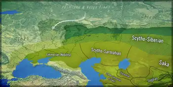 Map of various Iranic populations of Central Asia during the Iron Age highlighted in green.)