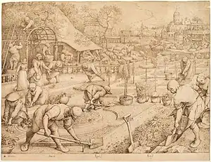 A 1565 Bruegel sketch "Spring" although not part of the Months cycle series it could very well be similar to what Bruegel had in mind when he painted "High Spring" {April/May)