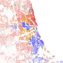 Image 2Map of racial distribution in Chicago, 2010 U.S. census. Each dot is 25 people: ⬤ White ⬤ Black ⬤ Asian ⬤ Hispanic ⬤ Other (from Chicago)
